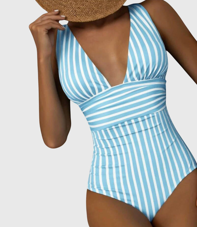 Light blue and white striped v-neck one-piece swimsuit with ruched sides