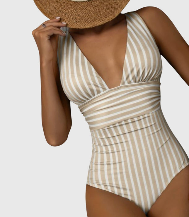 Beige and white striped v-neck one-piece swimsuit with ruched waist detail