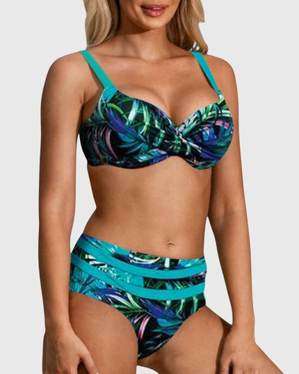 Tropical print bikini swimsuit with turquoise underwire top and matching bottoms featuring blue and green leaf design