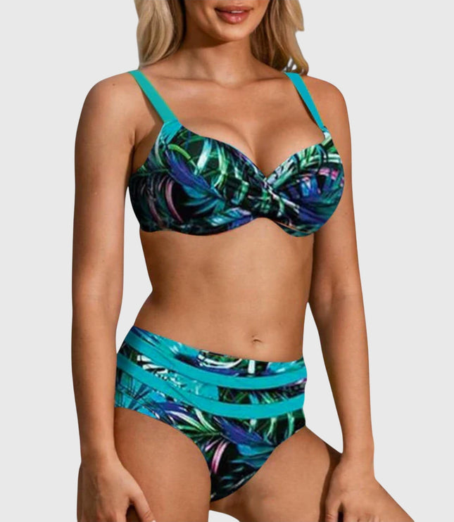 Tropical print bikini swimsuit with turquoise underwire top and matching bottoms featuring blue and green leaf design