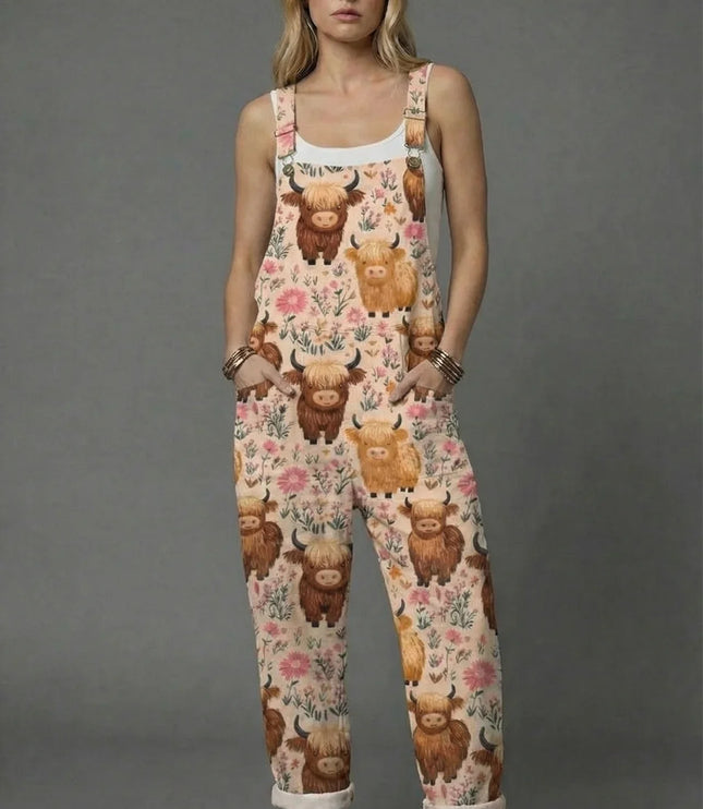 Women botanical print wide leg romper with cow and floral pattern, sleeveless overall style