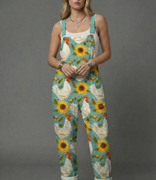 Women botanical print wide leg romper with turquoise chicken and sunflower pattern, sleeveless