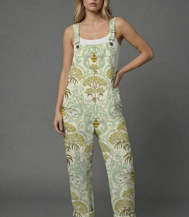 Side profile of botanical print women romper in sage green with straight-leg silhouette