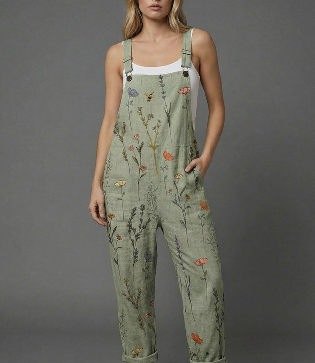 Full-length botanical print wide leg romper in sage green with rolled hems and white sneakers