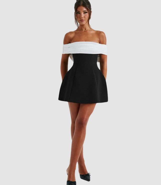 Women white and black cocktail mini dress with off-shoulder top and flared skirt, full length