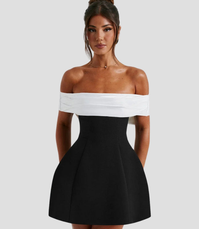 Women white and black cocktail mini dress with off-shoulder neckline, front view