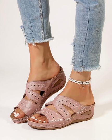 Dusty rose embroidered sandals with multi-strap design and beaded ankle detail