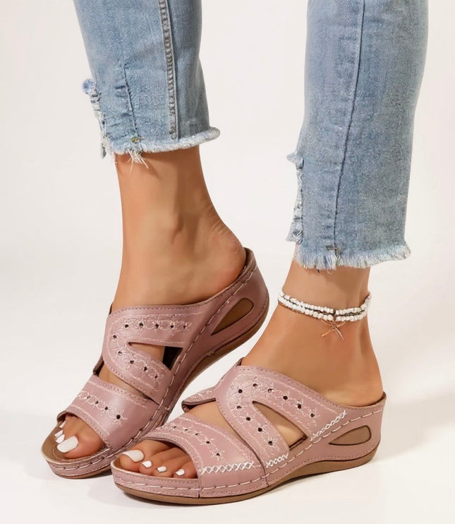 Dusty rose embroidered sandals with multi-strap design and beaded ankle detail