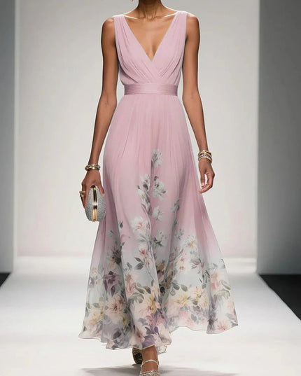 Pink floral print v-neck sleeveless maxi dress featuring a cinched waist and a full skirt with large floral patterns.