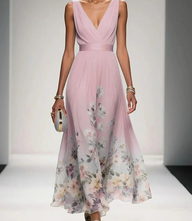 Pink floral print v-neck sleeveless maxi dress featuring a cinched waist and a full skirt with large floral patterns.