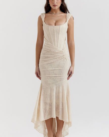 Front view of a cream floral corset midi dress with a sweetheart neckline and ruched side detail.