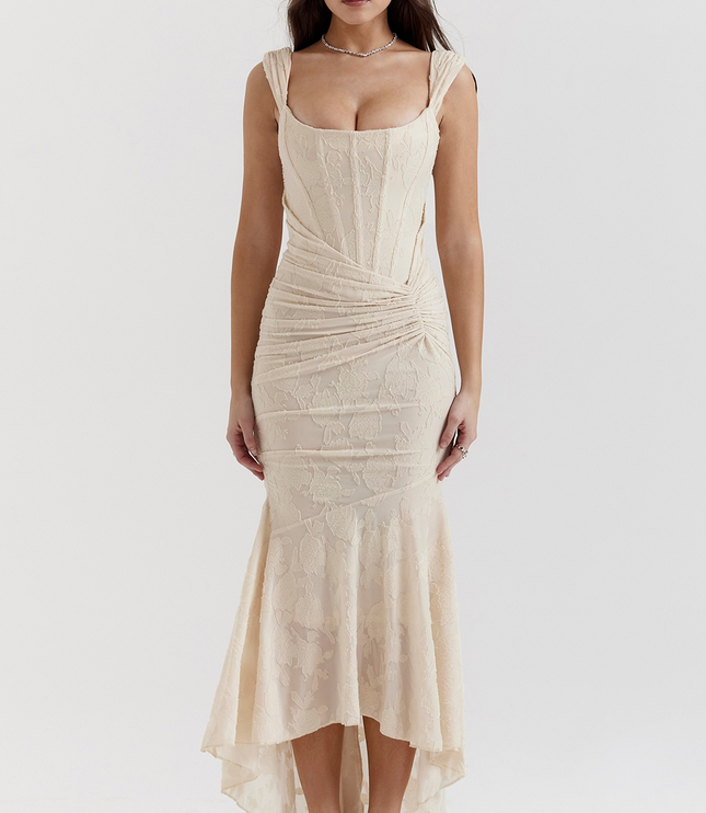 Front view of a cream floral corset midi dress with a sweetheart neckline and ruched side detail.