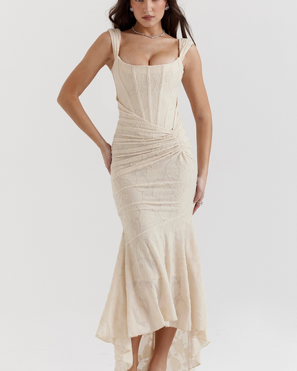 Full view of a cream floral corset midi dress, for a graduation dress, with a textured design.