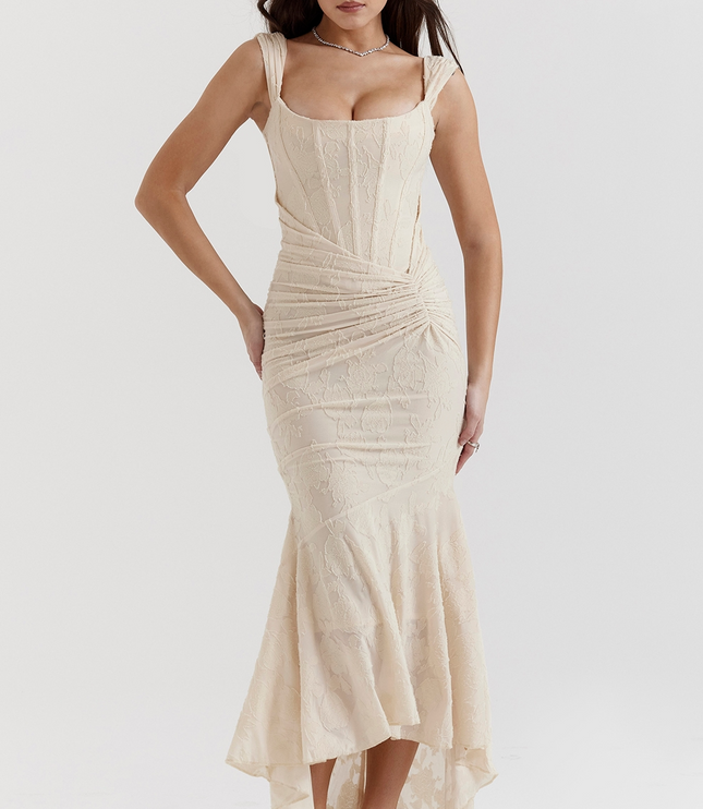 Full view of a cream floral corset midi dress, for a graduation dress, with a textured design.