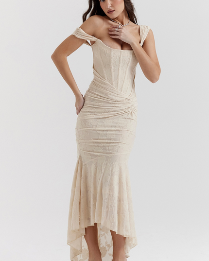 Cream floral corset midi dress with off-shoulder strap detail and a ruched, form-fitting silhouette.