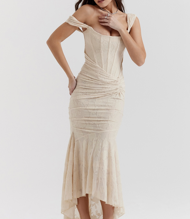 Cream floral corset midi dress with off-shoulder strap detail and a ruched, form-fitting silhouette.