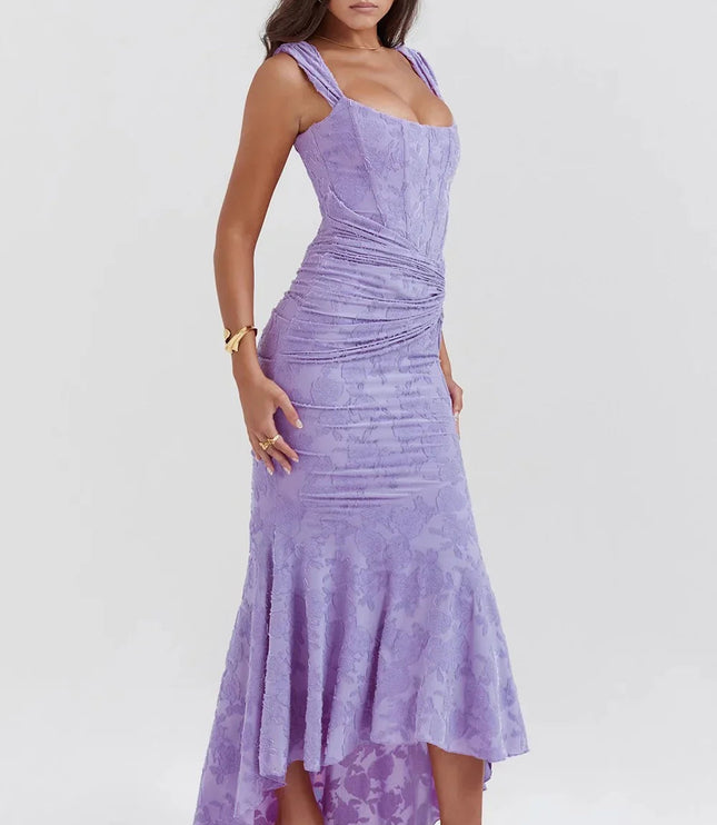 Side view of a women's pink floral corset asymmetric midi dress, showcasing the structured corset, ruched skirt, and elegant high-low hem.