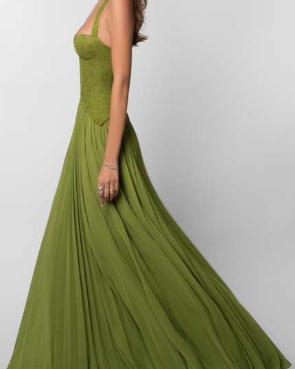 Close-up front view of the bodice of a women's green halter floral lace pleated maxi dress, showing lace detail.