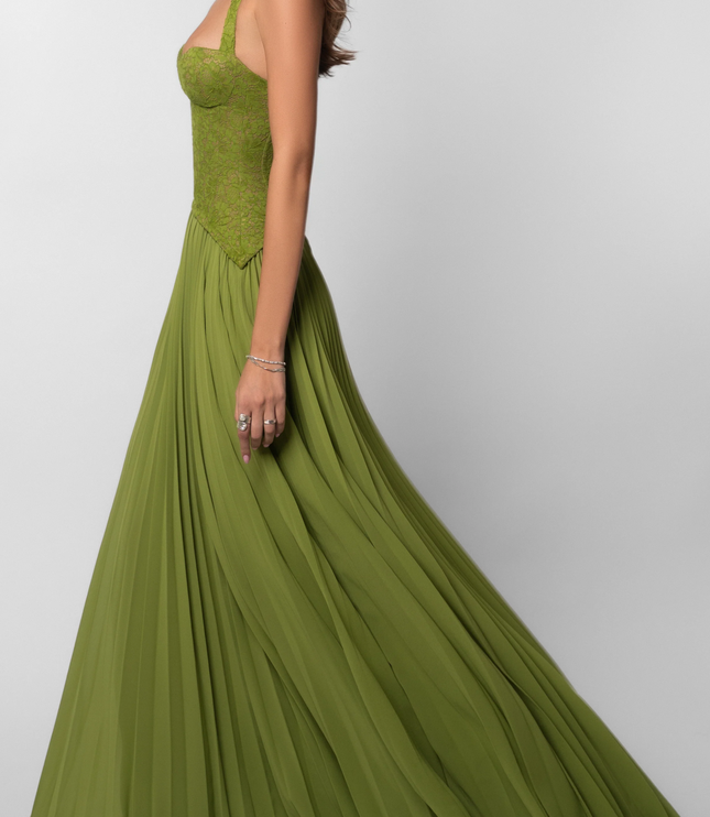 Close-up front view of the bodice of a women's green halter floral lace pleated maxi dress, showing lace detail.