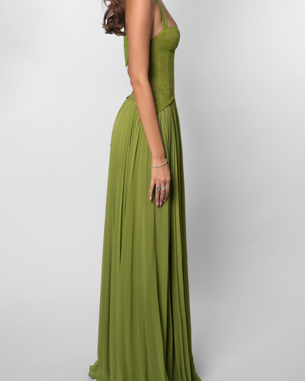Full front view of a women's green halter floral lace pleated maxi dress, displaying the halter neckline and pleated skirt.