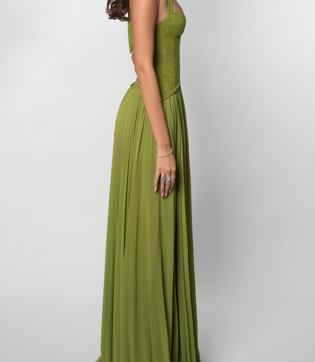 Full front view of a women's green halter floral lace pleated maxi dress, displaying the halter neckline and pleated skirt.