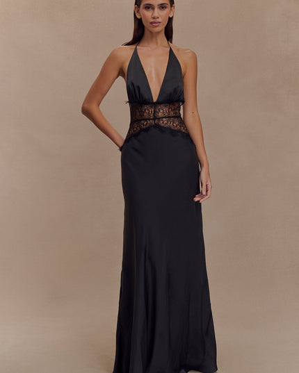 Black halter neck maxi dress with a plunging V-neckline and intricate lace detailing on the bodice, front view.