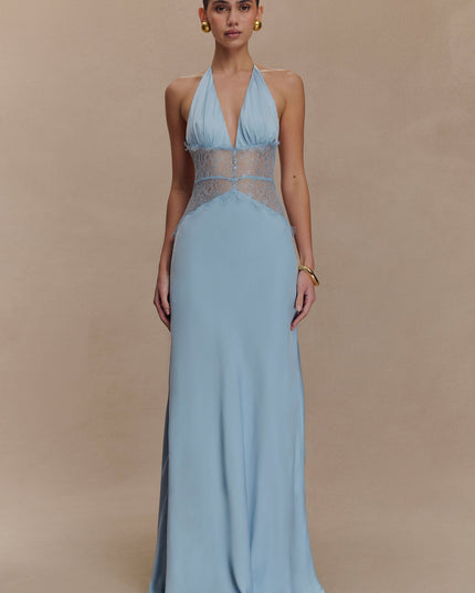 Light blue halter neck maxi dress with a sheer lace panel across the chest and waist, front view.