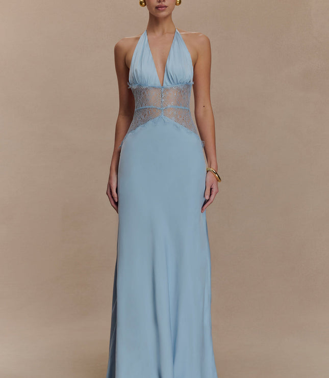 Light blue halter neck maxi dress with a sheer lace panel across the chest and waist, front view.