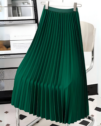Dark green high waisted pleated satin midi skirt, hanging neatly on a hanger.