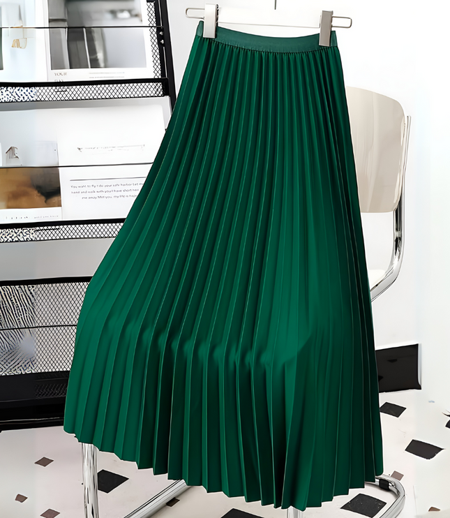 Dark green high waisted pleated satin midi skirt, hanging neatly on a hanger.