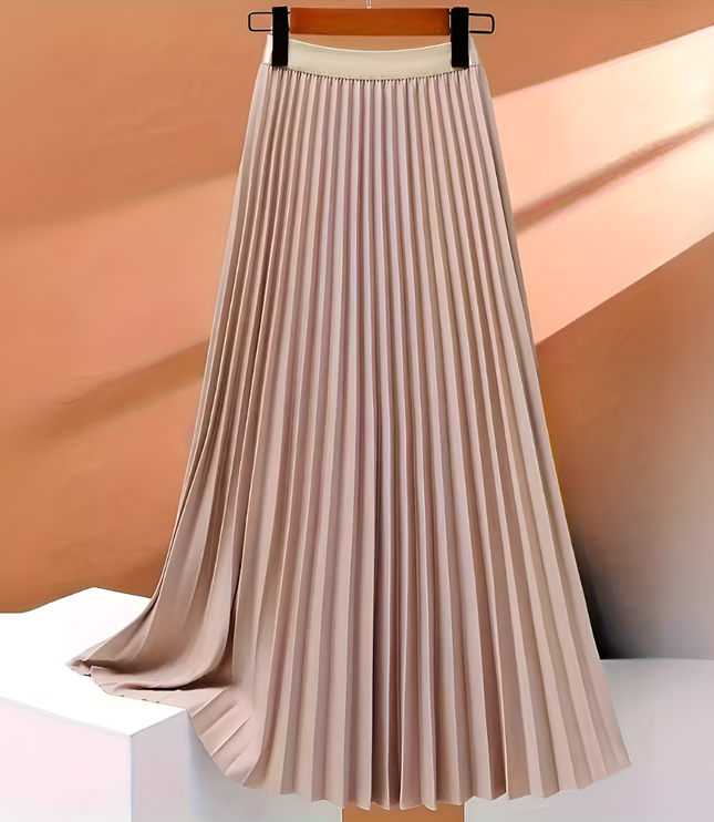 Light beige high waisted pleated satin midi skirt, showcased on a hanger with a subtle sheen.