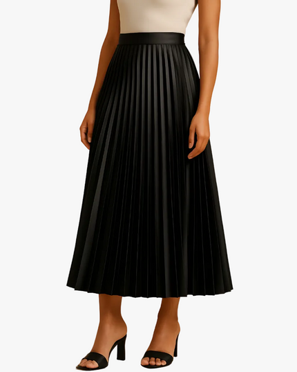 Women's high waisted pleated satin midi skirt in black, paired with black open-toe heels.