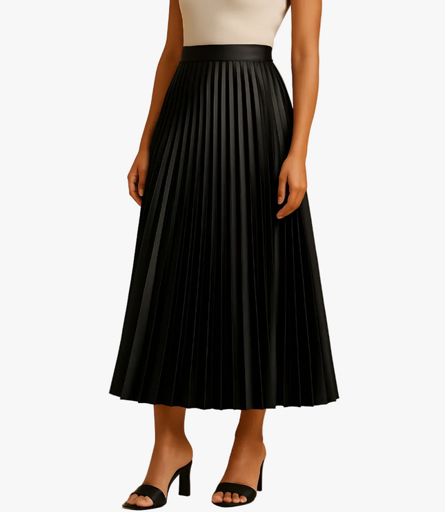Women's high waisted pleated satin midi skirt in black, paired with black open-toe heels.