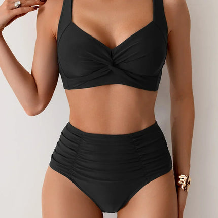 Black high waisted ruched bikini set with twist front top and full coverage bottoms