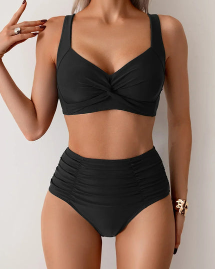 Black high waisted ruched bikini set with twist front top and full coverage bottoms