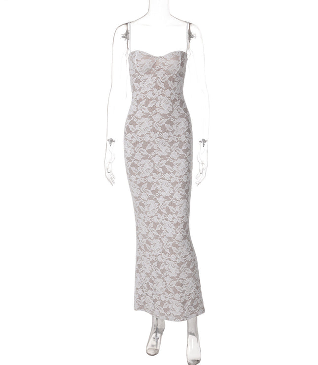Ghost mannequin front view of a white lace backless spaghetti strap midi dress with a subtle sweetheart neckline.