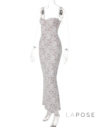 Ghost mannequin side view of a white lace backless spaghetti strap midi dress, showcasing the full length and lace pattern.
