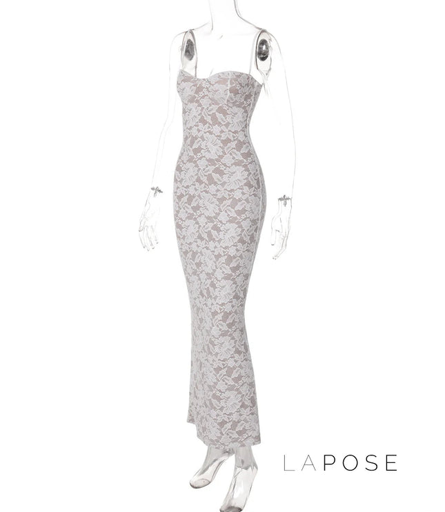 Ghost mannequin side view of a white lace backless spaghetti strap midi dress, showcasing the full length and lace pattern.