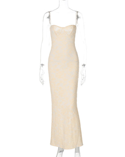 Front view of a white lace spaghetti strap midi dress with a sweetheart neckline, a stunning white dress.