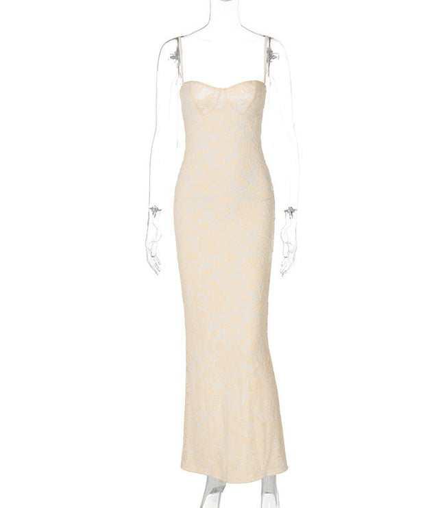 Front view of a white lace spaghetti strap midi dress with a sweetheart neckline, a stunning white dress.