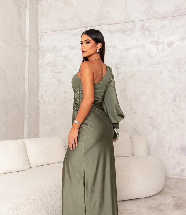 Back view of an olive green one shoulder maxi dress, showing the elegant drape and long sleeve of the women's dress.