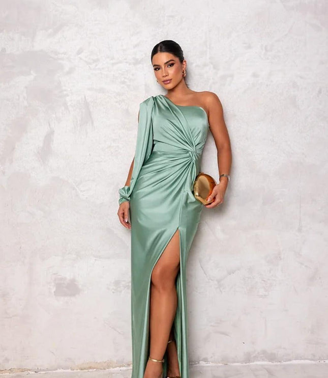 Elegant light green one-shoulder ruched maxi dress with a flowing skirt and side slit, for events
