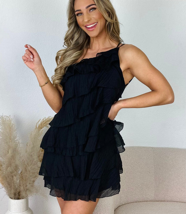 Black one shoulder ruffle mini dress with tiered ruffles