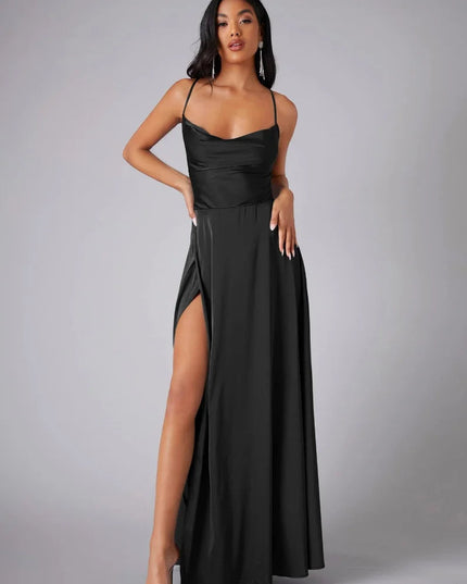 Black satin cowl neck maxi dress with spaghetti straps and a high slit, front view.