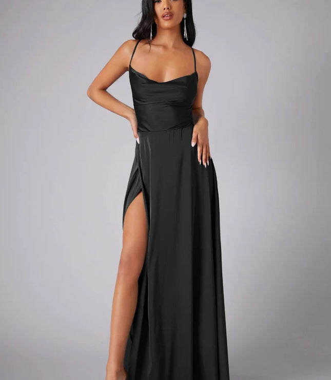 Black satin cowl neck maxi dress with spaghetti straps and a high slit, front view.