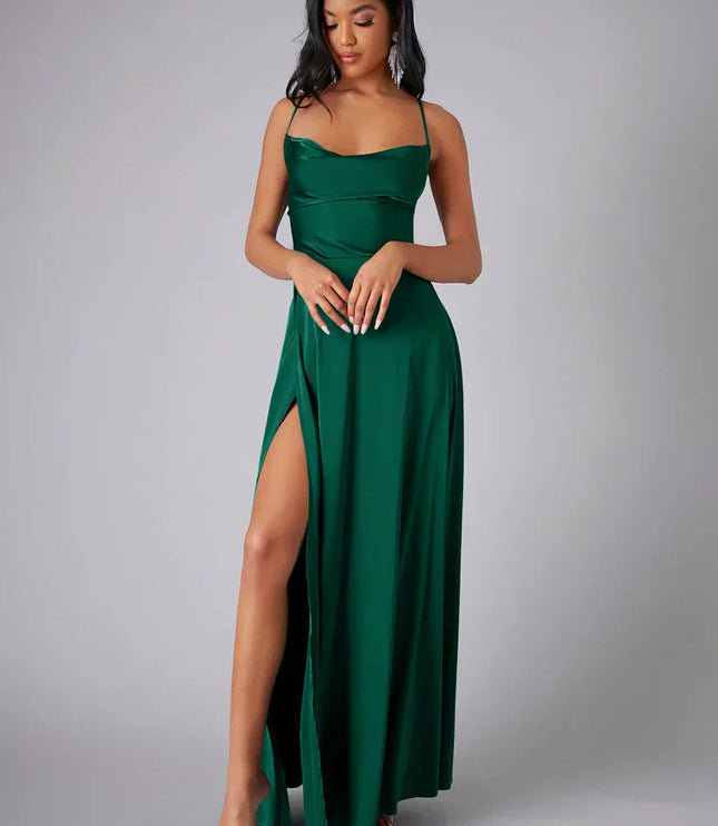 Emerald green satin cowl neck maxi dress with spaghetti straps and a high slit, front view.