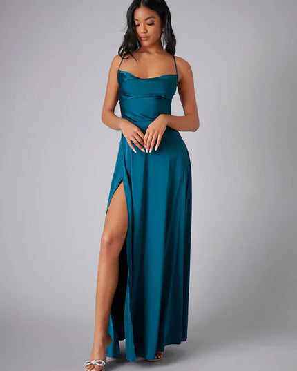 Teal satin cowl neck maxi dress with spaghetti straps and a high slit, front view.