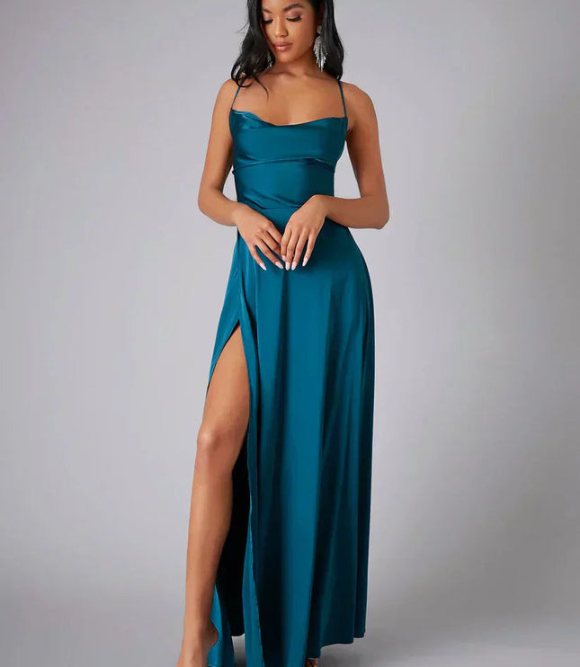 Teal satin cowl neck maxi dress with spaghetti straps and a high slit, front view.
