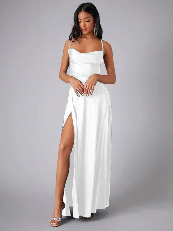 White satin cowl neck maxi dress with spaghetti straps and a high slit, front view.