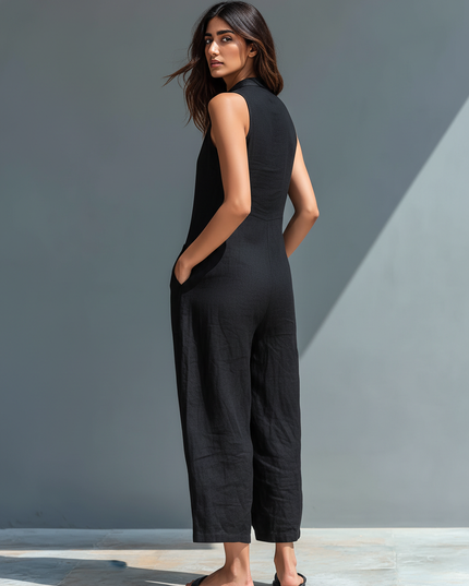 Back view of black linen jumpsuit showing relaxed fit and cropped length